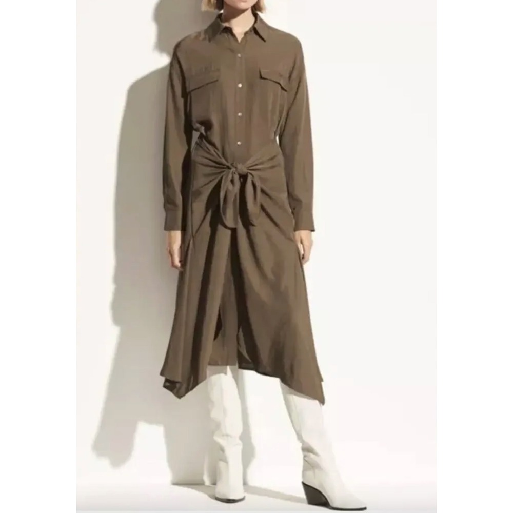 VINCE Olive Green Tie Front Utility Long Sleeve Shirt Dress - Picture 2 of 12